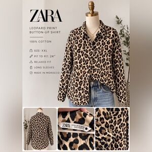 Zara Leopard Print Button Front Shirt XXL 100% Cotton Relaxed Fit 🐆